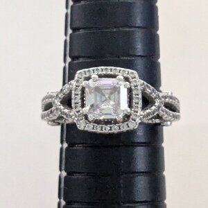 SUZY LEVIAN 925 Sterling Silver Asscher Cut White CZ Engagement Ring Size 7.5